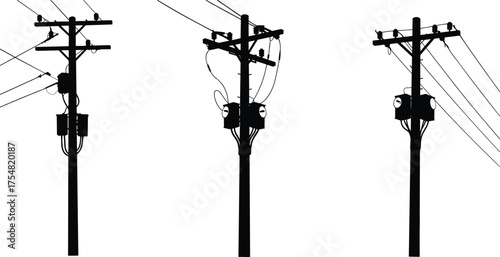 Utility Pole Wires Cables Transformer Insulator Electricity Power Grid Energy Infrastructure Silhouette Network Voltage Distribution Transmission Structure Engineering IndustrialPrint
