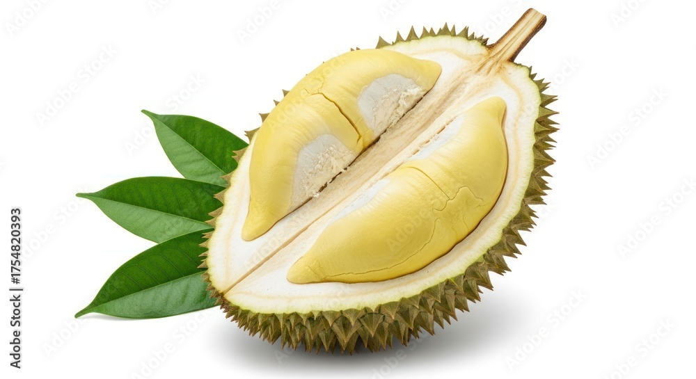 Fototapeta premium Cut durian, yellow flesh, and green leaves on a white background