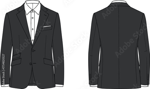 Suit Jacket Menswear Formalwear Tailored Blazer Fashion Apparel Clothing Garment Technical Sketch Flat Drawing Design Illustration Lapel Pockets Vents Classic Elegant