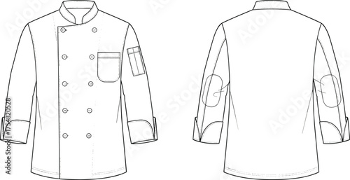 Jacket Chef Uniform Double Breasted Collar Buttons Fashion Apparel Clothing Garment Technical Sketch Flat Drawing Design Illustration Professional Workwear Culinary