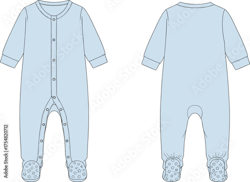 Onesie Baby Infant Sleeper Bodysuit Long Sleeve Footed Pajamas Clothing Apparel Garment Technical Sketch Flat Drawing Design Illustration Comfort Practical Kidswear