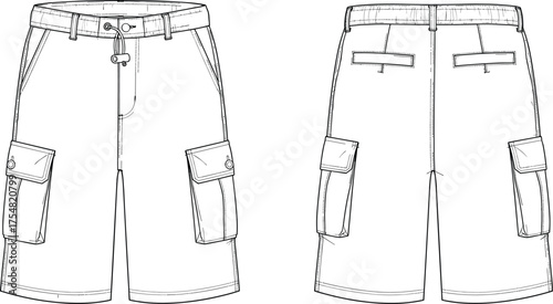 Shorts Cargo Utility Fashion Apparel Clothing Garment Technical Sketch Flat Drawing Design Illustration Pockets Waistband Zipper Button Casualwear Menswear Womenswear
