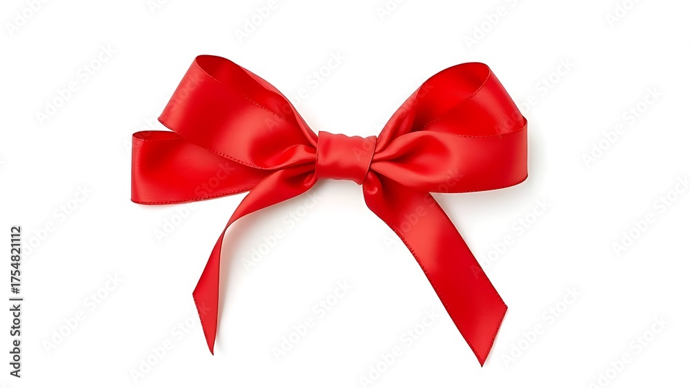 Fototapeta premium A single red satin ribbon tied in a bow, isolated on pure white, representing elegance and simplicity.