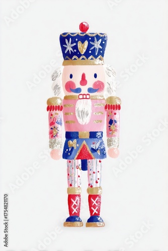 Colorful Watercolor Christmas Nutcracker Illustration, Festive Holiday Decor Element Ideal for Poster, Wallpaper and Seasonal Design Projects, Featuring Whimsical Pink Blue Golden Figurine with Artist