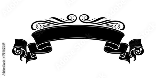 Ornate black silhouette of a vintage ribbon banner with elegant decorative swirls for text