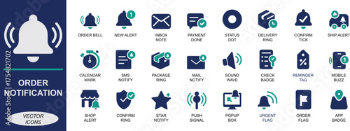 Order notification icon set with alert, bell, message, package, confirm, and update symbols. Perfect for apps, e-commerce, delivery, and business branding.