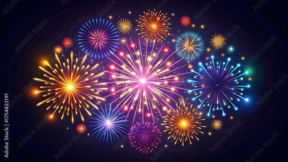 Fototapeta premium Dazzling Array of Colorful Fireworks Illuminating a Dark Night Sky celebration explosion