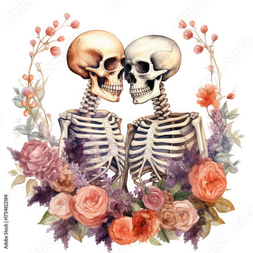 Watercolor Skeleton Wedding Among Flowers, clipart Illustration, Generative Ai