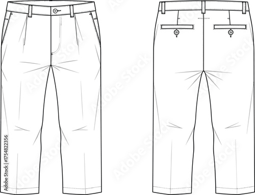 Trousers Pants Slacks Tailored Formal Clothing Fashion Apparel Garment Technical Sketch Flat Drawing Design Illustration Waistband Pockets Crease Fly Hem