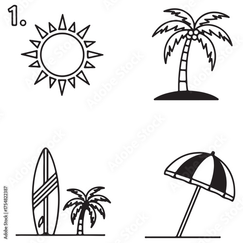 Minimalist Black Outline Summer Beach Vacation Icons Set