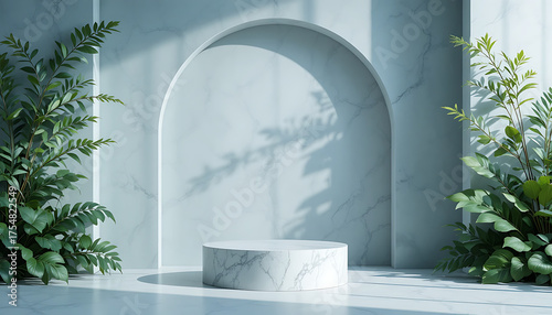 Serene marble pedestal with lush greenery and archway