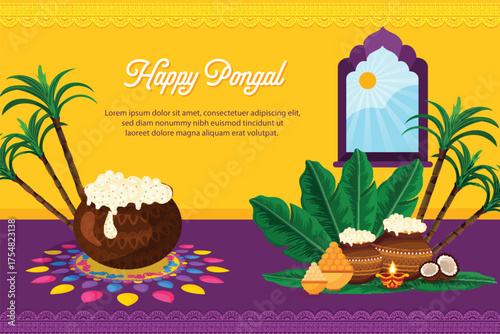 Vibrant, festive Happy Pongal illustration Boiling rice in clay pots, sugarcane, banana leaves, coconuts and diya. Rich yellow purple background with sunlit window.