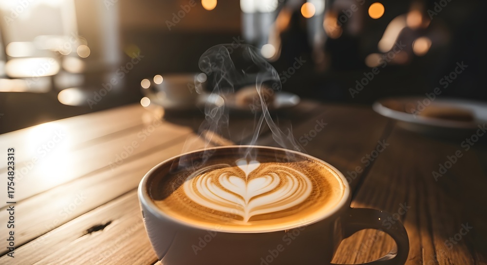 Obraz premium Close-Up of Heart-Shaped Latte Art in Coffee Cup: Cozy Cafe Morning Atmosphere