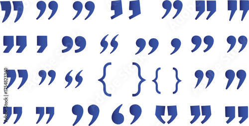 Collection of blue quotation marks and curly braces punctuation symbols on a white background