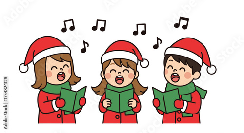 Three children are singing Christmas carols together, wearing Santa hats and scarves.