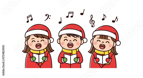 Three cute children in Santa hats are singing Christmas carols together from a songbook.