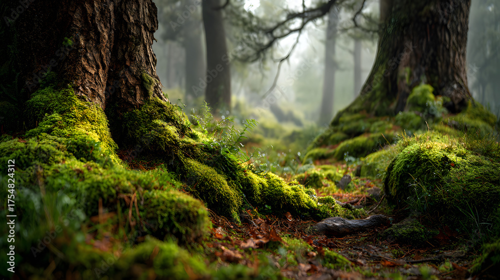 Obraz premium Glowing moss covering tree trunks in misty enchanted woodland 