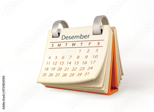 Desk Calendar 3D Icon isolated on white background. Minimal Realistic december Planner Page.