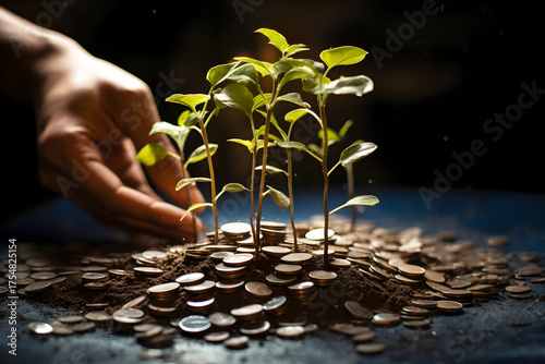 Growing plants from coins symbolizes investment in sustainability and future prosperity through eco-friendly actions