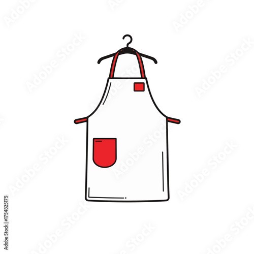 Minimalist red and white apron hanging on hook, kitchen style