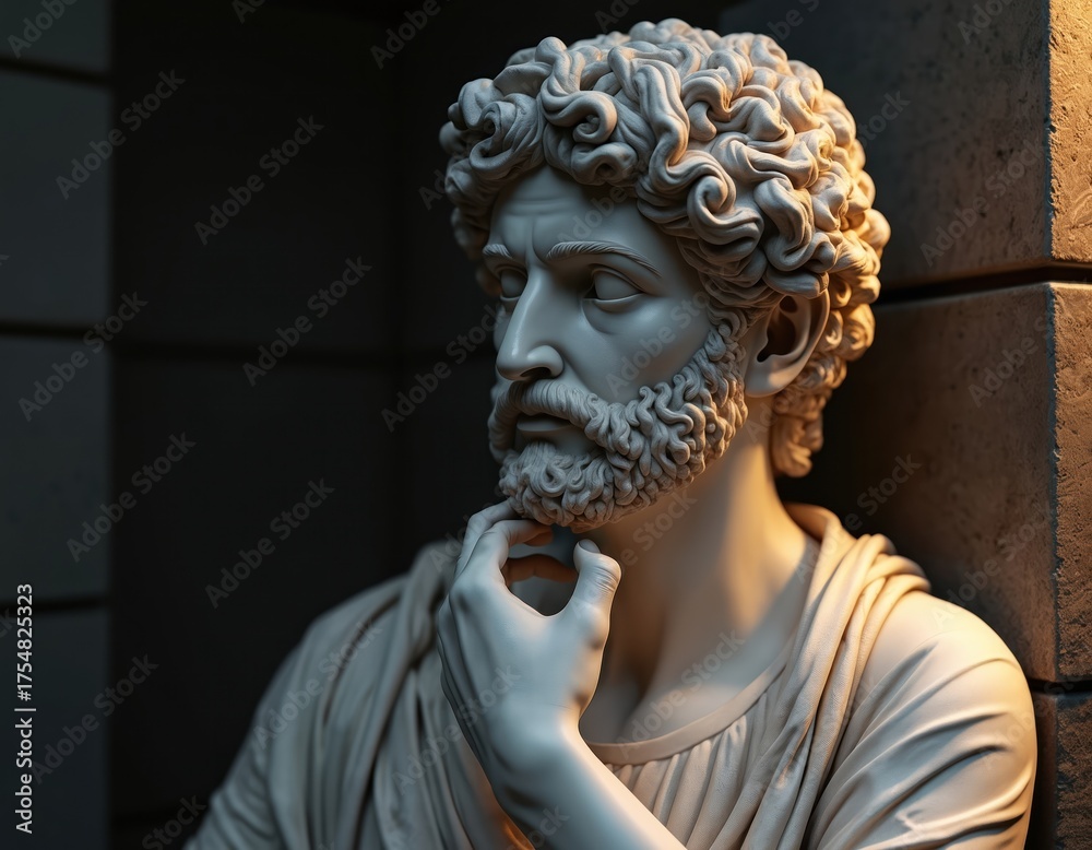 Obraz premium Statue of thoughtful man with beard and curly hair. He is wearing roman toga. Sculpture is made from marble material. The figure rests his chin on hand in contemplation pose.