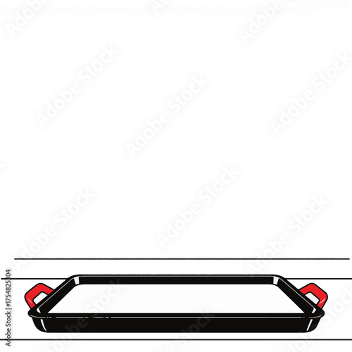 Minimalist black baking sheet with red accent on white counter, simplicity