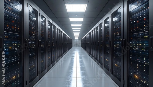 A symmetrical perspective of a data center hallway with rows of servers, illuminated by overhead lights, leading to a distant, bright end