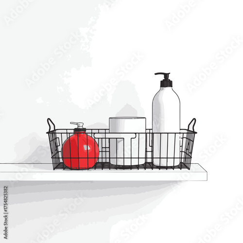 Minimalist wire basket with red accent on white shelf, modern decor