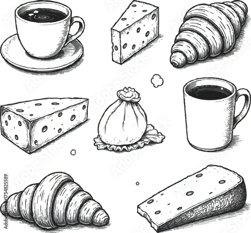 Hand drawn breakfast chalk vector illustrations set.Coffee, croissant, cheese and bread drawings for invitations, menus and parties.