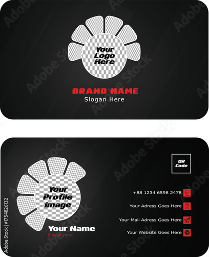 Two sided black business card with logo and profile image placeholders and contact information
