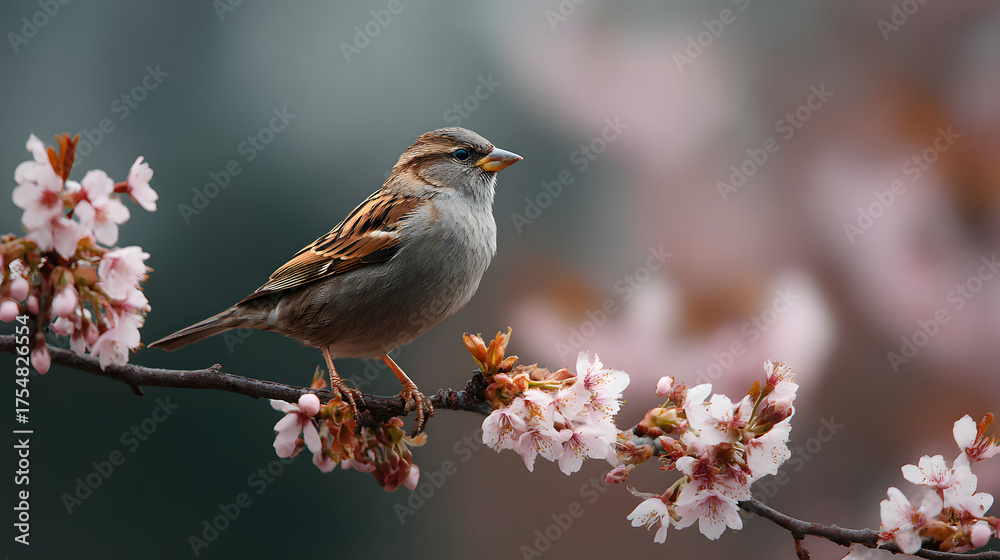 Fototapeta premium Sparrow perched on a branch with delicate pink cherry blossoms