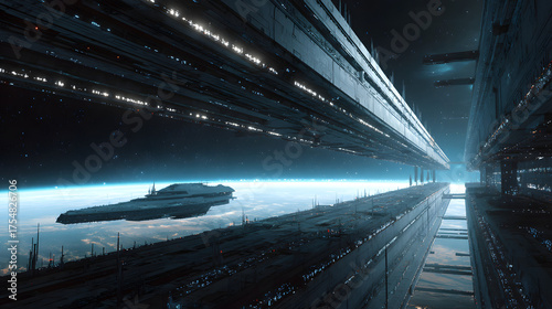 Fototapeta Naklejka Na Ścianę i Meble -  Futuristic space station and starship over a distant planet