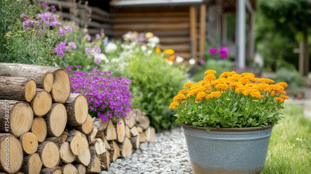 Fototapeta premium Colorful flowers by the log stack in a peaceful garden setting