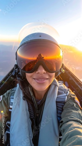 Woman pilot selfie in cockpit at sunrise