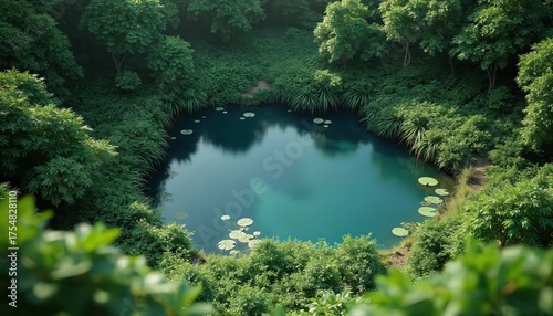 Fototapeta Naklejka Na Ścianę i Meble -  Scenic photo presents tranquil pond in dense green jungle. Calm water reflects sky surrounded by rich vegetation. Nature scene promotes eco friendly energy sources and harmony.