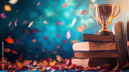 Learning celebration with colorful leaves and a golden trophy