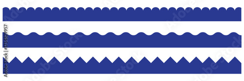 Scalloped edge seamless brush strokes set. Simple scalloped border. Fabric laces silhouette. Repeat cute vintage frill ornament. Texture ribbons. Vector illustration Blue and Black color EPS 10.