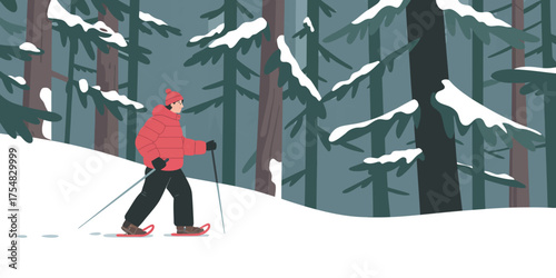 Woman Snowshoeing Through Snowy Winter Forest in Daylight, Outdoor Adventure Scene with Snow-Covered Trees, Cold Weather Hiking Activity, Peaceful Nature Landscape in Wintertime