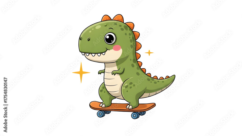 Fototapeta premium Cute Skating Dinosaur Vector Illustration | Adorable Dino on Skateboard | Transparent Background Cartoon Design