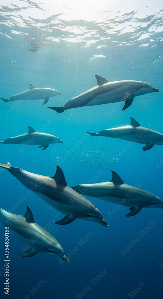 Obraz premium A graceful pod of dolphins swims together in clear blue ocean water, with sunlight filtering down from the surface.