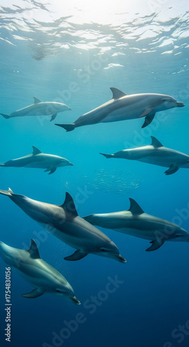 A graceful pod of dolphins swims together in clear blue ocean water, with sunlight filtering down from the surface.

