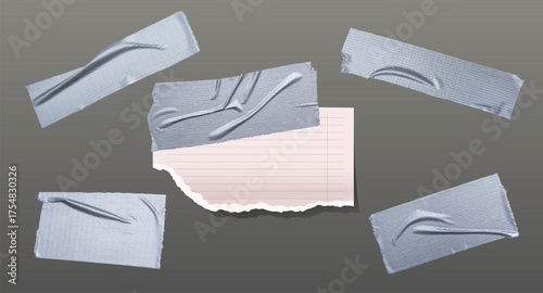 Silver roll tape, metal color sticker strip. Adhesive realistic tape, Torn pieces of scotch isolated. Sticky, crumpled, folded ribbon. Clerical glue band to fix or repair set. Duct tape strip.