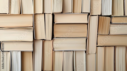 Stacked Books with White Beige Spines, Textured Educational Reading Background

