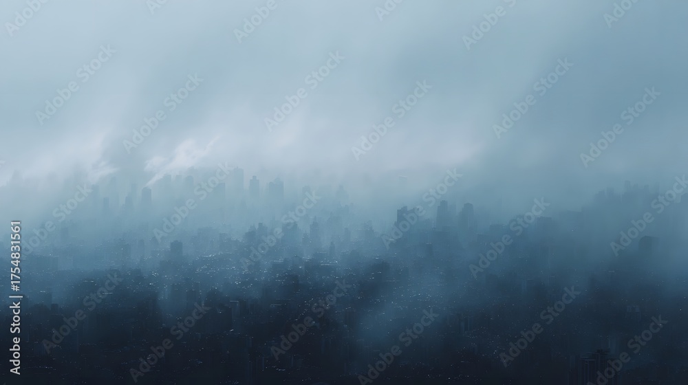 Obraz premium Misty urban skyline obscured by dense fog creating a desolate and atmospheric mood