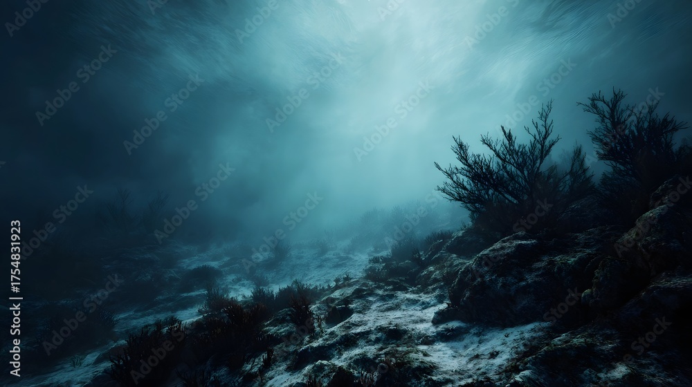 Fototapeta premium Ethereal underwater scene with sunlight rays illuminating a rocky seabed and sparse marine vegetation