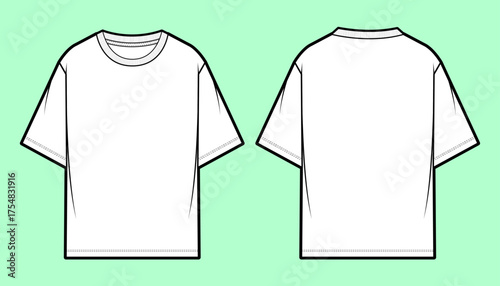 Boxy Cropped T-Shirt Flat Sketch with Drop Shoulders - Front and Back