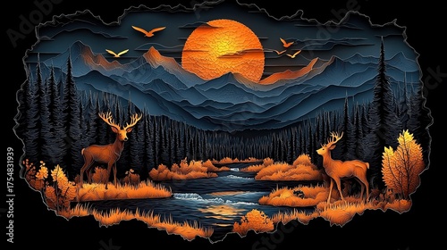 3D Wallpaper of Dark Blue and Gold Forest with Deer, Mountains and River
