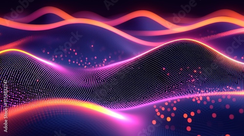 3D Render of Colorful Neon Light Waves on Black Background, UV Spectrum
