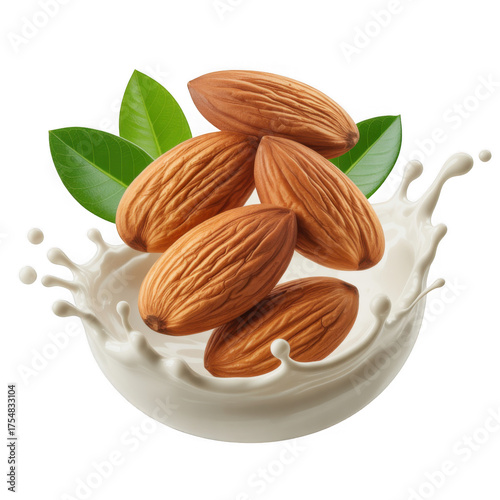 Almonds splashing into Transparent Background white milk with green leaves on black nuts