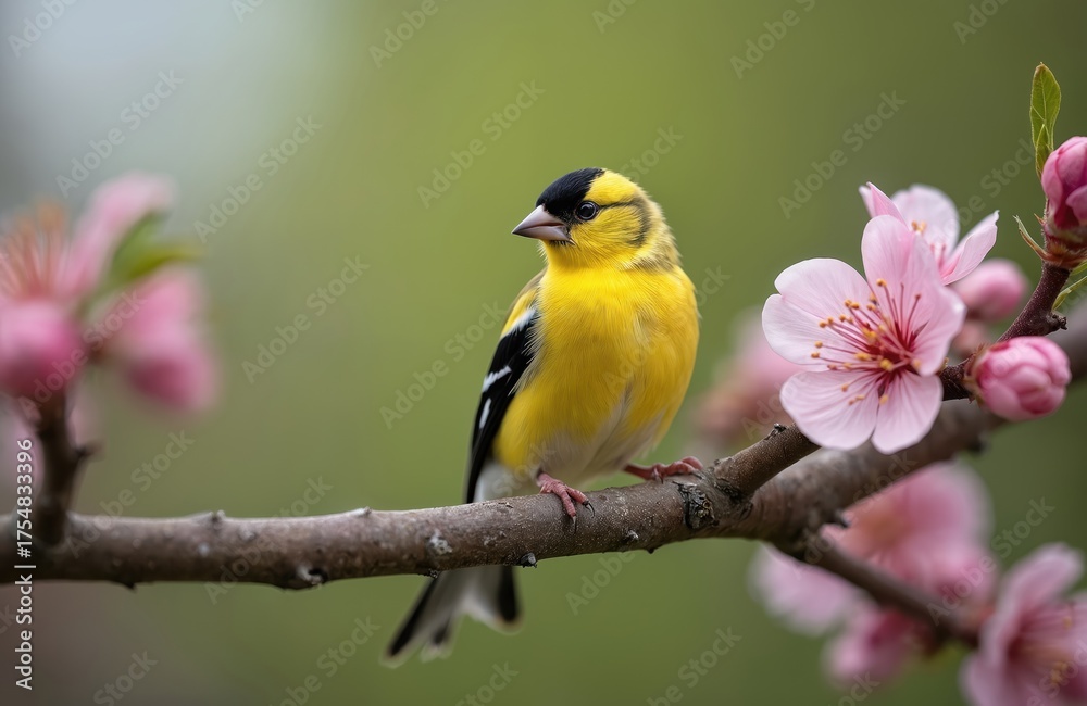 Obraz premium American goldfinch bird perched on blooming tree branch. The vibrant yellow bird features black wings and cap. Pink blossoms surround bird in spring. Nature photo for articles.